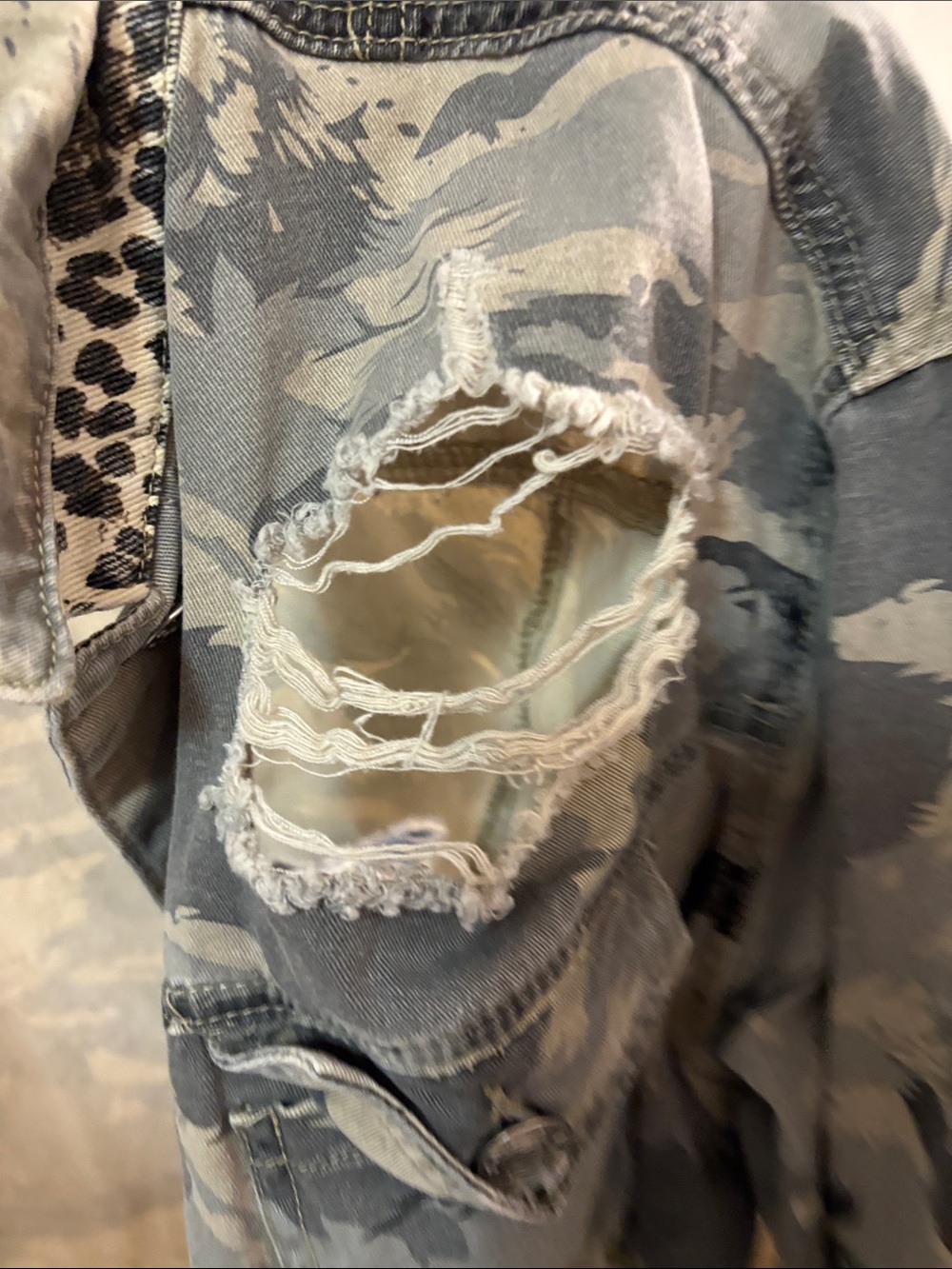 POL Camo Jean Jacket with Leopard Patch Accents - Gray/Cream - Picture 4 of 8